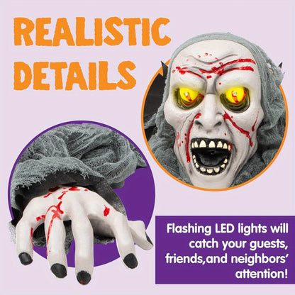 Zombie groundbreaker prop next to a haunted house entrance display