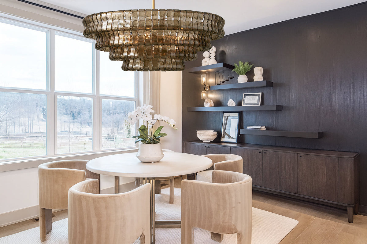 Skolva Modern Chandelier for Dining Room, Round Curved Glass, Brass or Matte Black Finish
