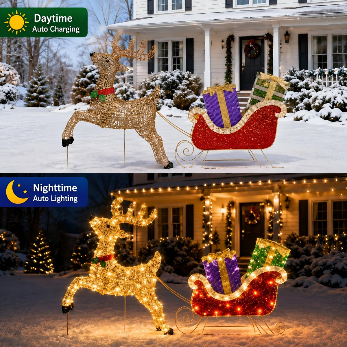 Lighted Sleigh and Reindeer Christmas Decoration, Warm White LED, Solar & USB, Outdoor Decor