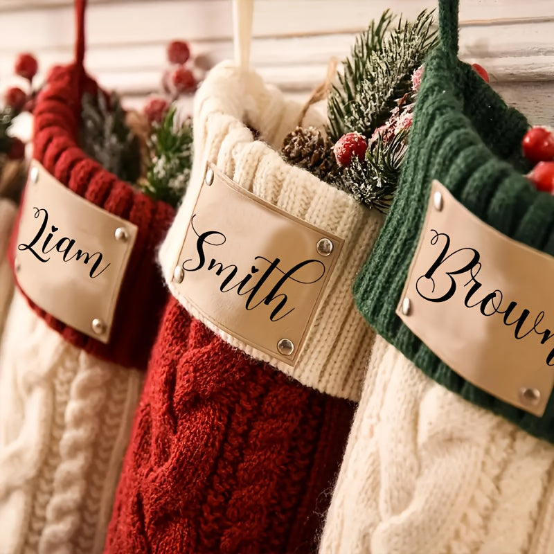 Knit family Christmas stockings on a mantel