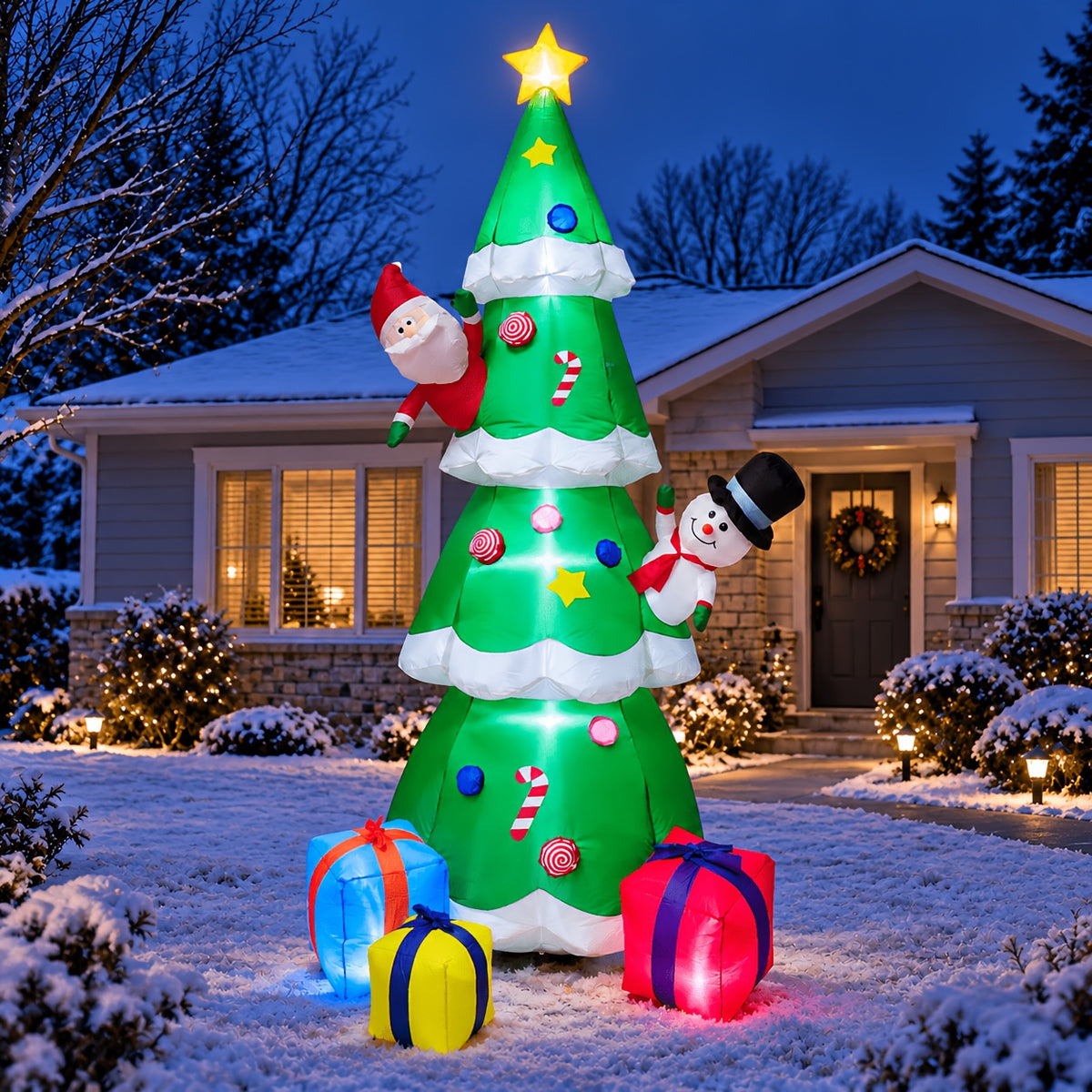 Inflatable Christmas Tree with Penguins, Santa Claus and LED Lights, Outdoor Yard Decoration