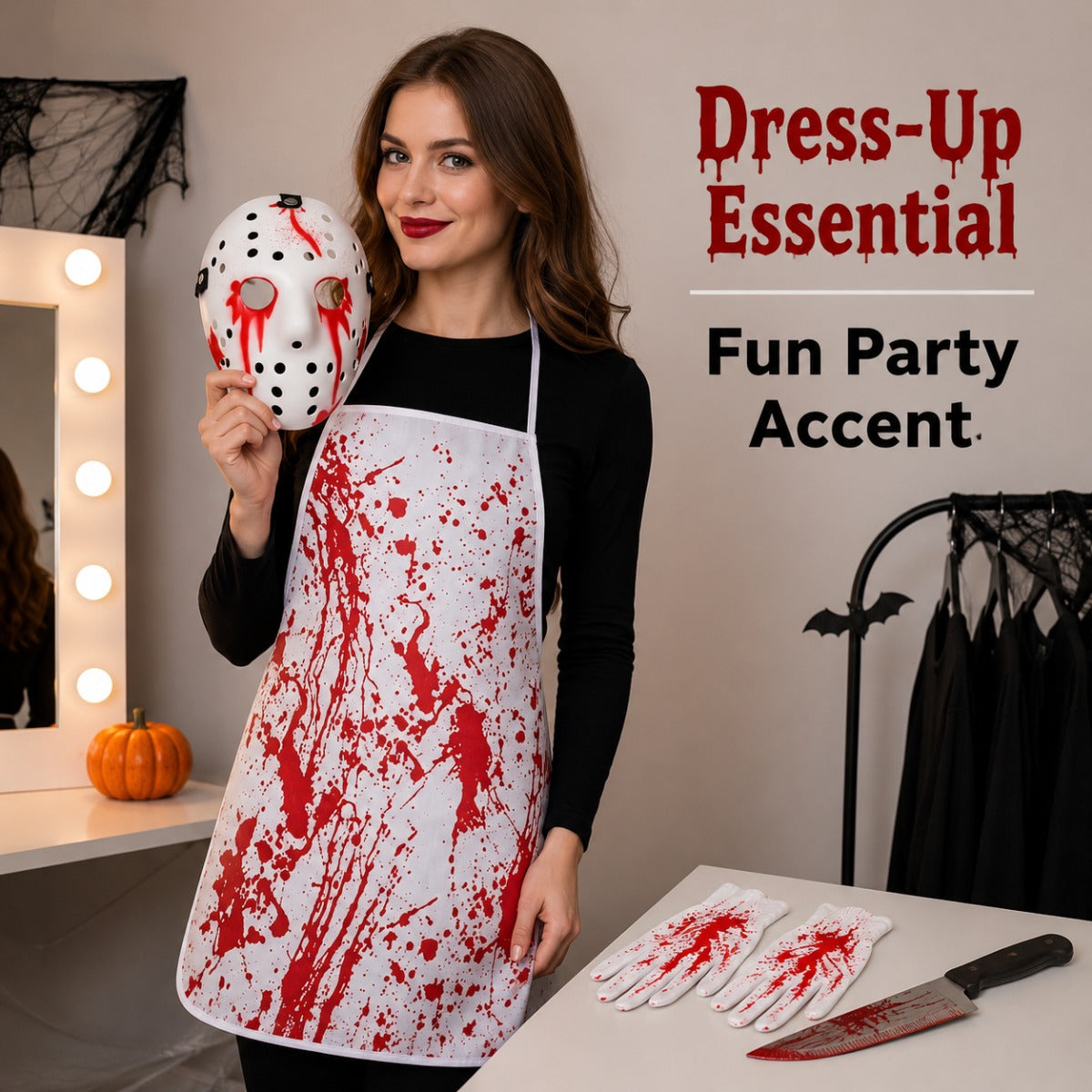 Horror costume set worn over dark clothing