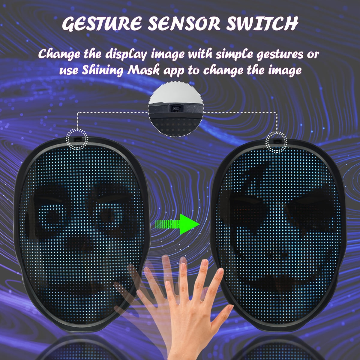 Black plastic mask with an illuminated LED panel