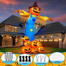 12.5-foot inflatable pumpkin scarecrow Halloween decoration in a blue robe atop a pile of jack-o'-lantern pumpkins