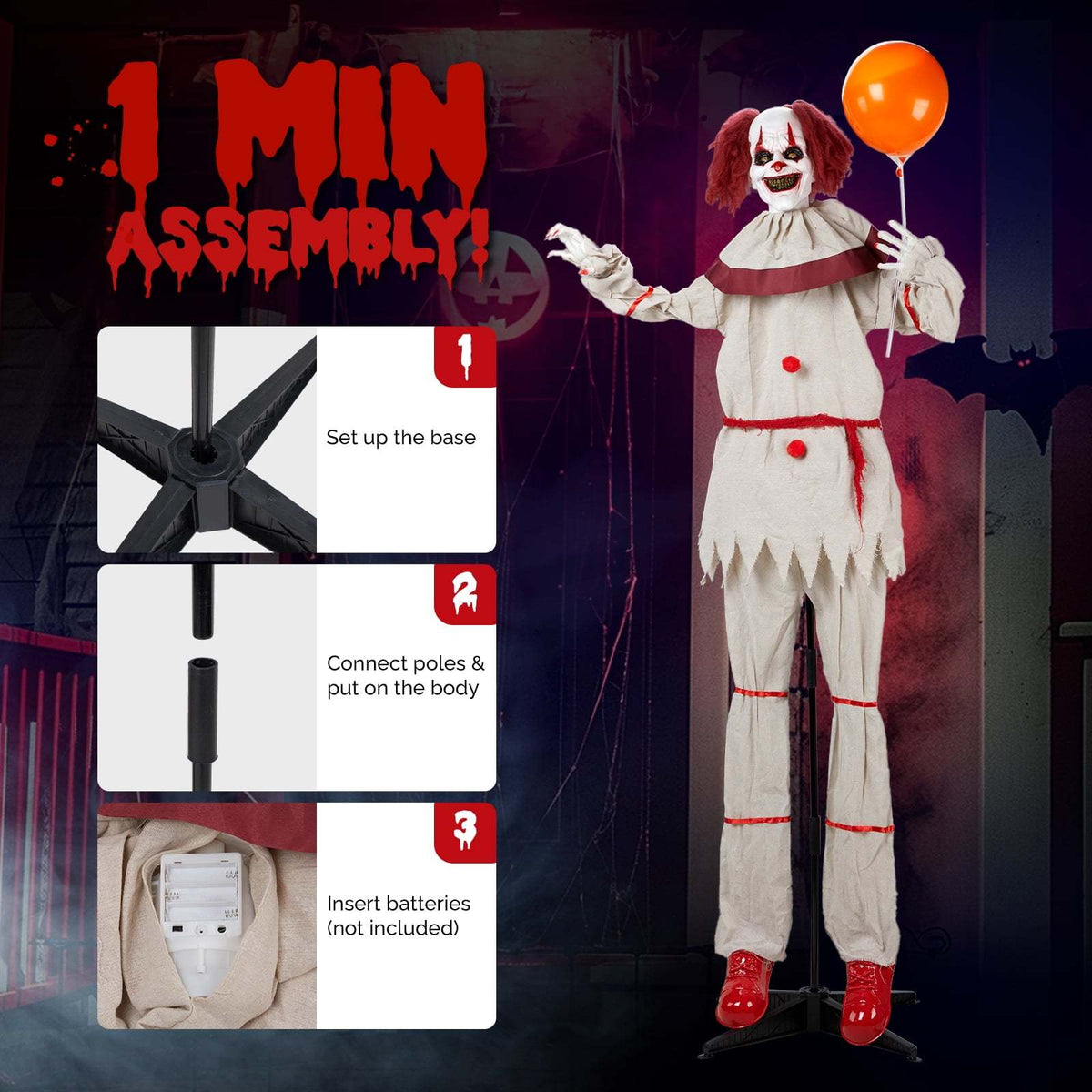 5.7 ft Halloween clown decoration, batteries not included