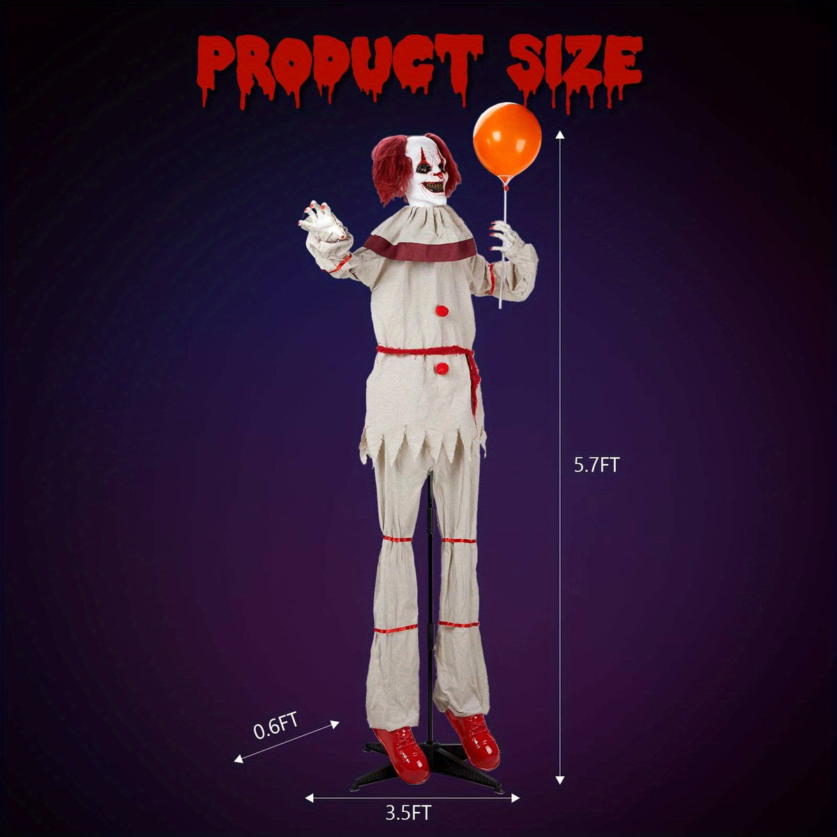 Scary clown animatronic with sound playback, freestanding