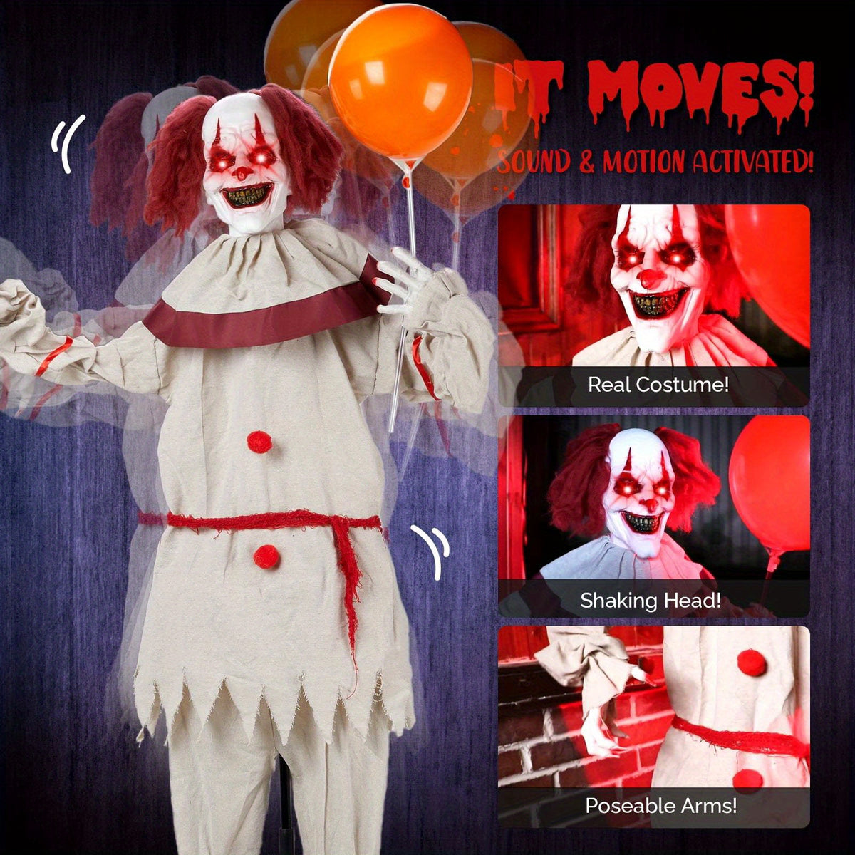 5.7 ft standing animatronic clown Halloween prop with red eyes