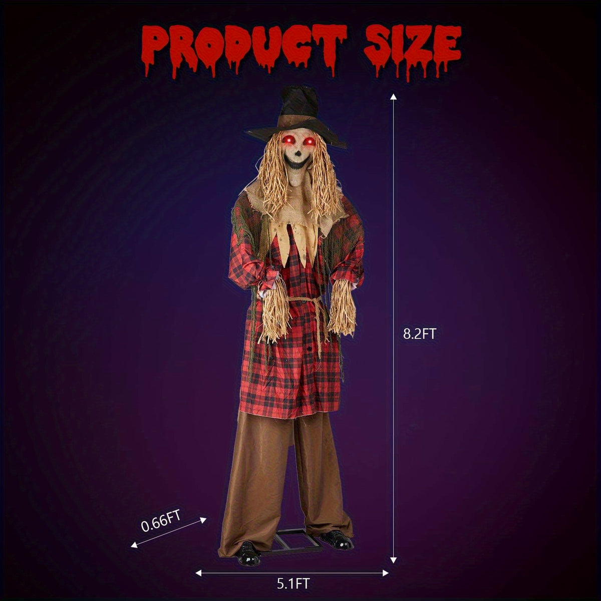 Full-length view of the standing scarecrow showing scale next to a doorway