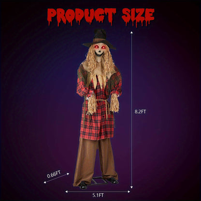 Full-length view of the standing scarecrow showing scale next to a doorway