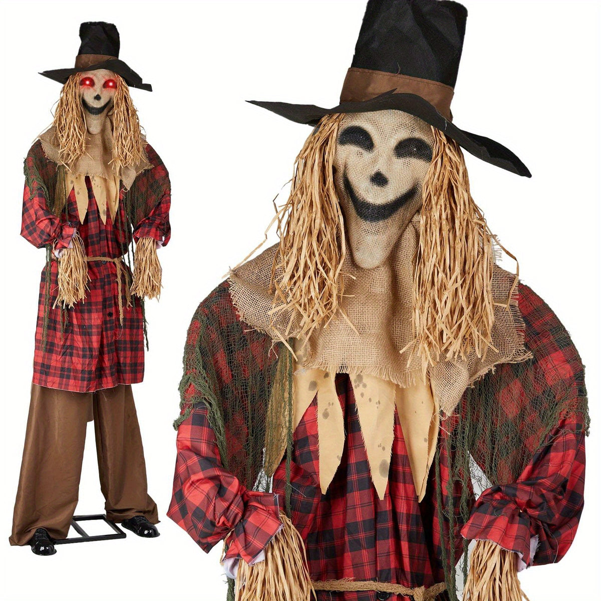 Animatronic scarecrow in a straw-covered fall display