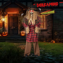 Close-up of the animatronic scarecrow's face and costume detail