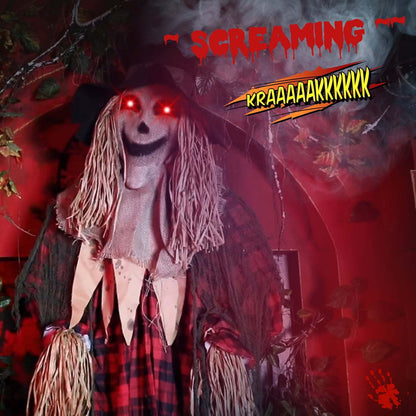 Animatronic scarecrow set up alongside other Halloween yard props