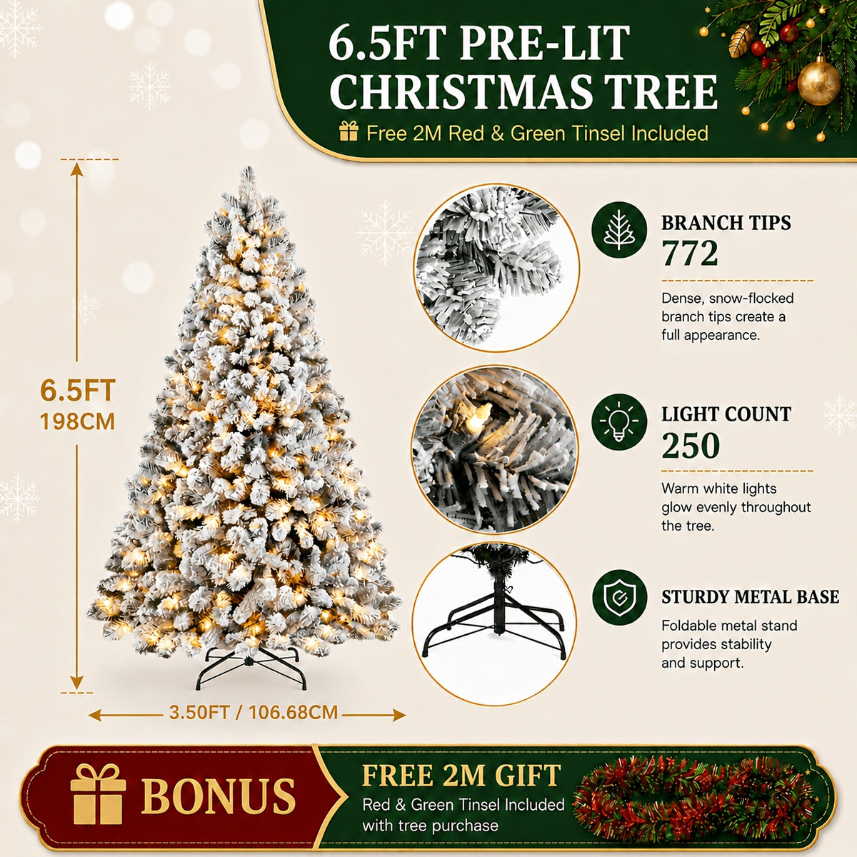Flocked artificial Christmas tree with warm lights in 4.5, 5.5 or 6.5 ft
