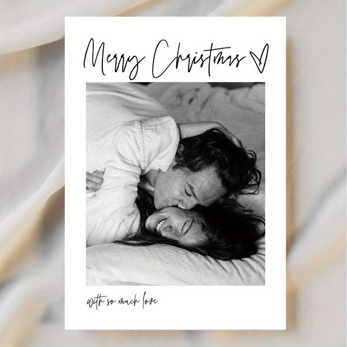 Christmas photo card on a table
