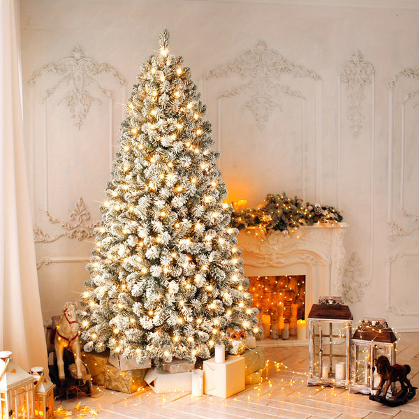 Pre Lit Flocked Christmas Tree, 4.5 to 6.5 ft, Warm Lights, Snowy Pine, Tinsel Included