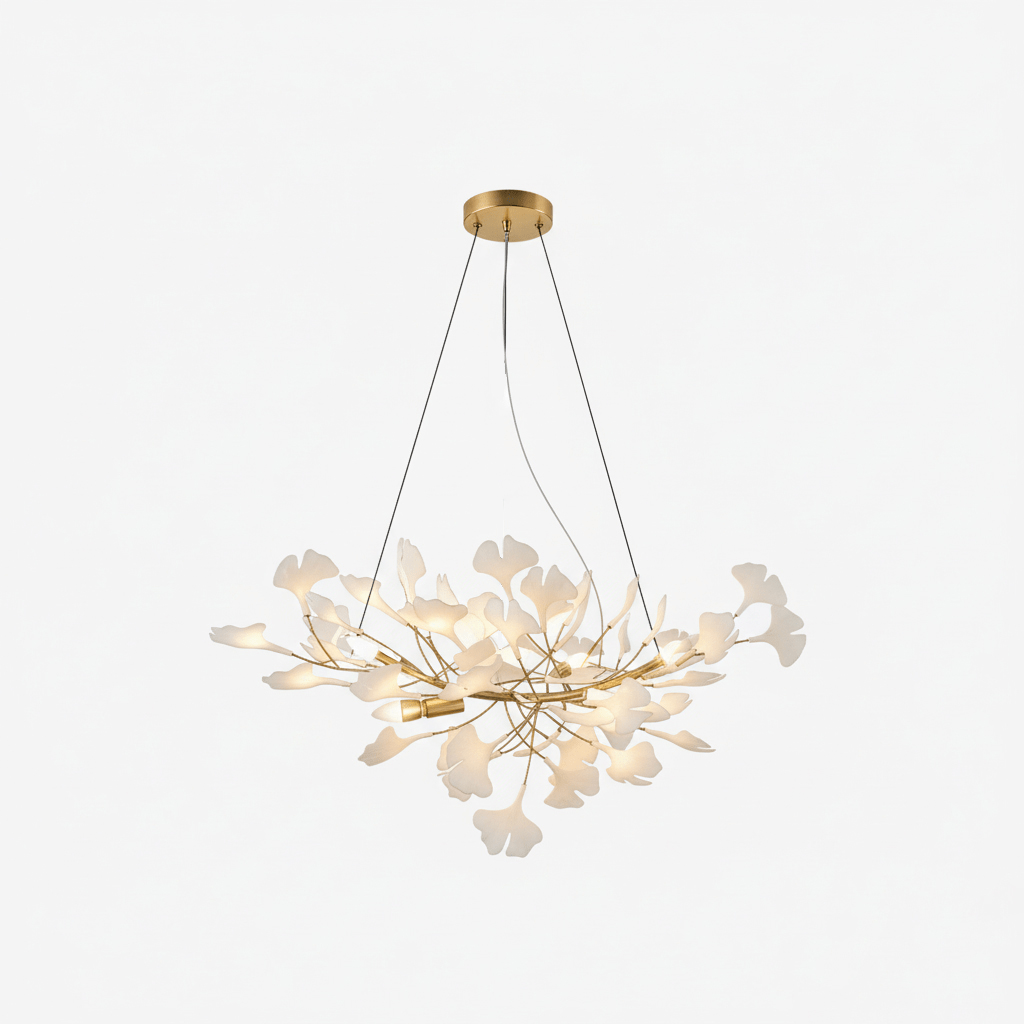 Kaori Leaf Chandelier, Ginkgo Leaf Design, 7 Sizes, Gold, Nickel, Black or White Finish