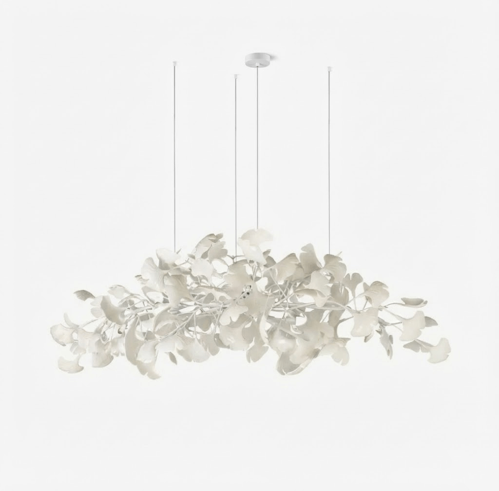 Sorin Modern Gold Chandelier, Ginkgo Leaf LED, Dimmable, White Leaves, Dining Room