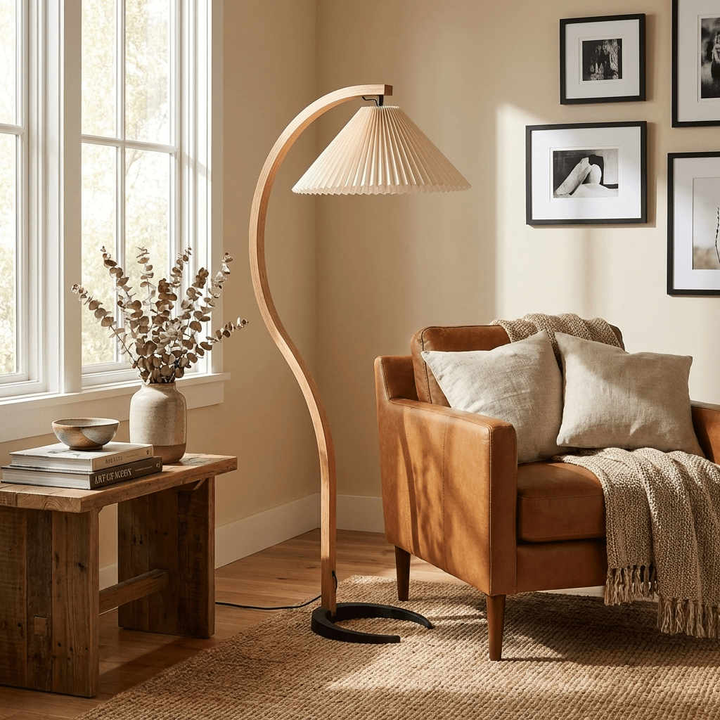 Caprani floor lamp with beige linen shade beside a reading chair