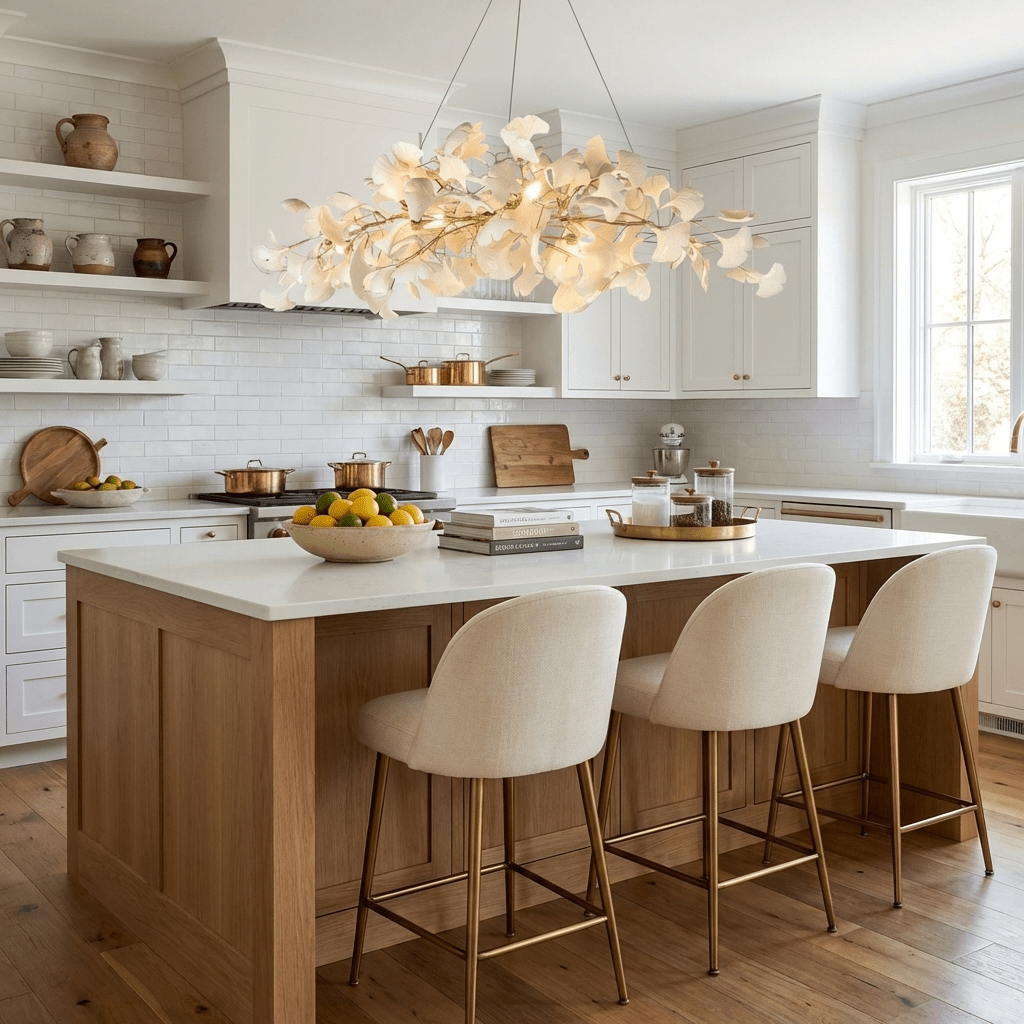 Sorin Modern Gold Chandelier, Ginkgo Leaf LED, Dimmable, White Leaves, Dining Room