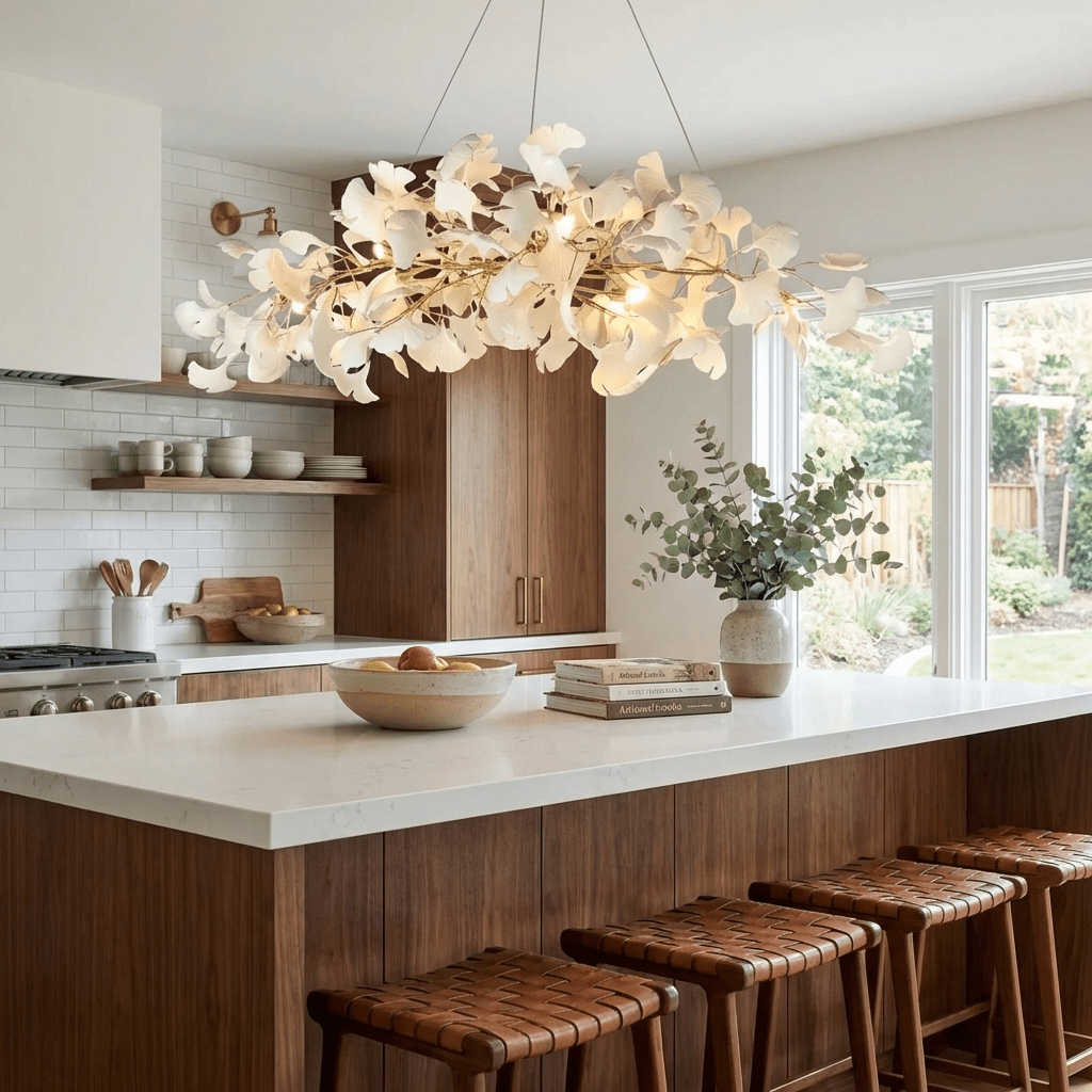Sorin Modern Gold Chandelier, Ginkgo Leaf LED, Dimmable, White Leaves, Dining Room