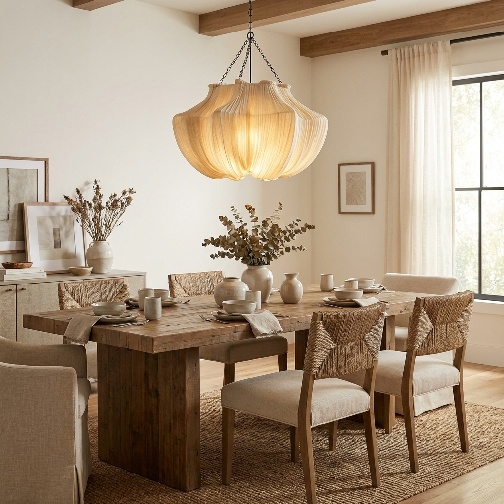 Aiko Pendant Lighting, Pleated Fabric Pendant Light, 3000K LED Bulb, Japandi Living Room