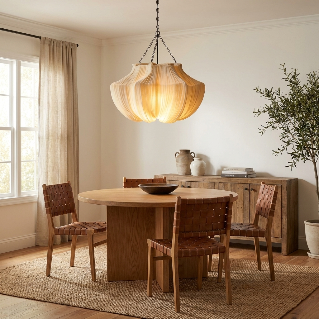 Aiko Pendant Lighting, Pleated Fabric Pendant Light, 3000K LED Bulb, Japandi Living Room