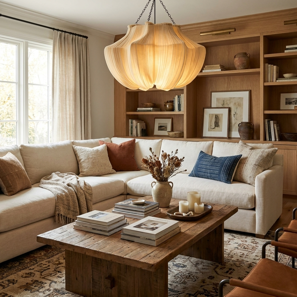 Aiko Pendant Lighting, Pleated Fabric Pendant Light, 3000K LED Bulb, Japandi Living Room