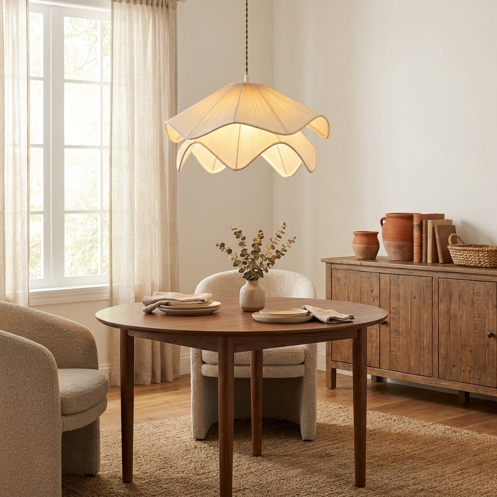 Odette Pendant Lighting, Ruffle Fabric Shade Pendant Light, Hardwired, Bedroom & Dining Room