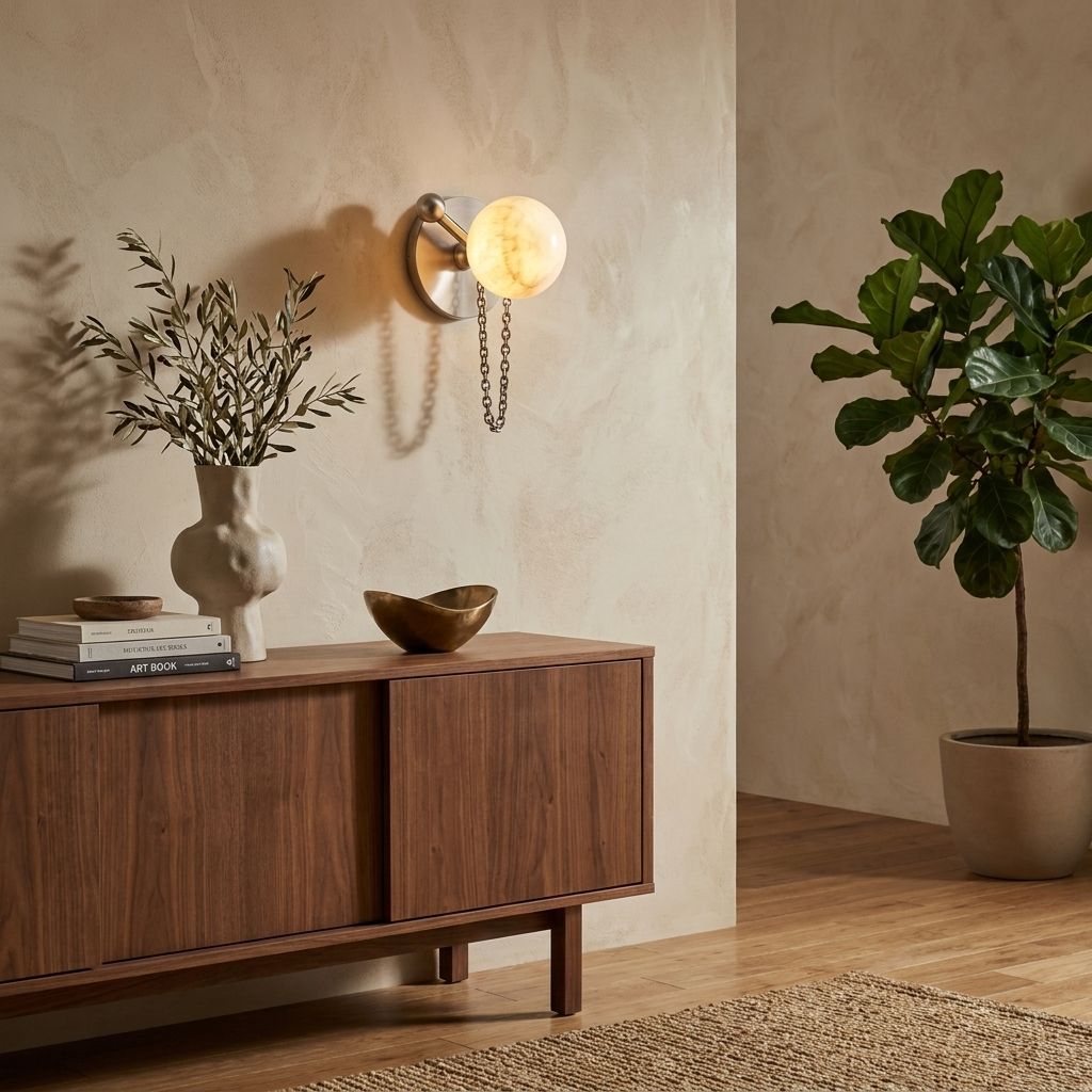 Alvar Wall Lighting Sconce, Alabaster Globe Wall Sconces with Draped Chain, Bedroom & Hallway