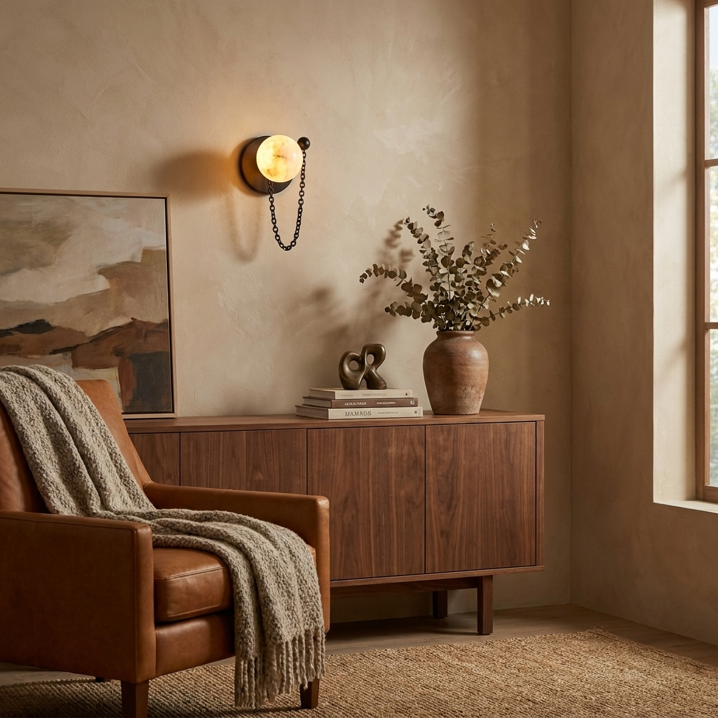 Alvar Wall Lighting Sconce, Alabaster Globe Wall Sconces with Draped Chain, Bedroom & Hallway