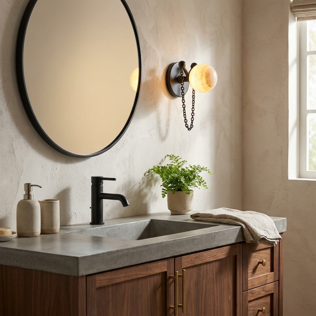 Alvar Wall Lighting Sconce, Alabaster Globe Wall Sconces with Draped Chain, Bedroom & Hallway