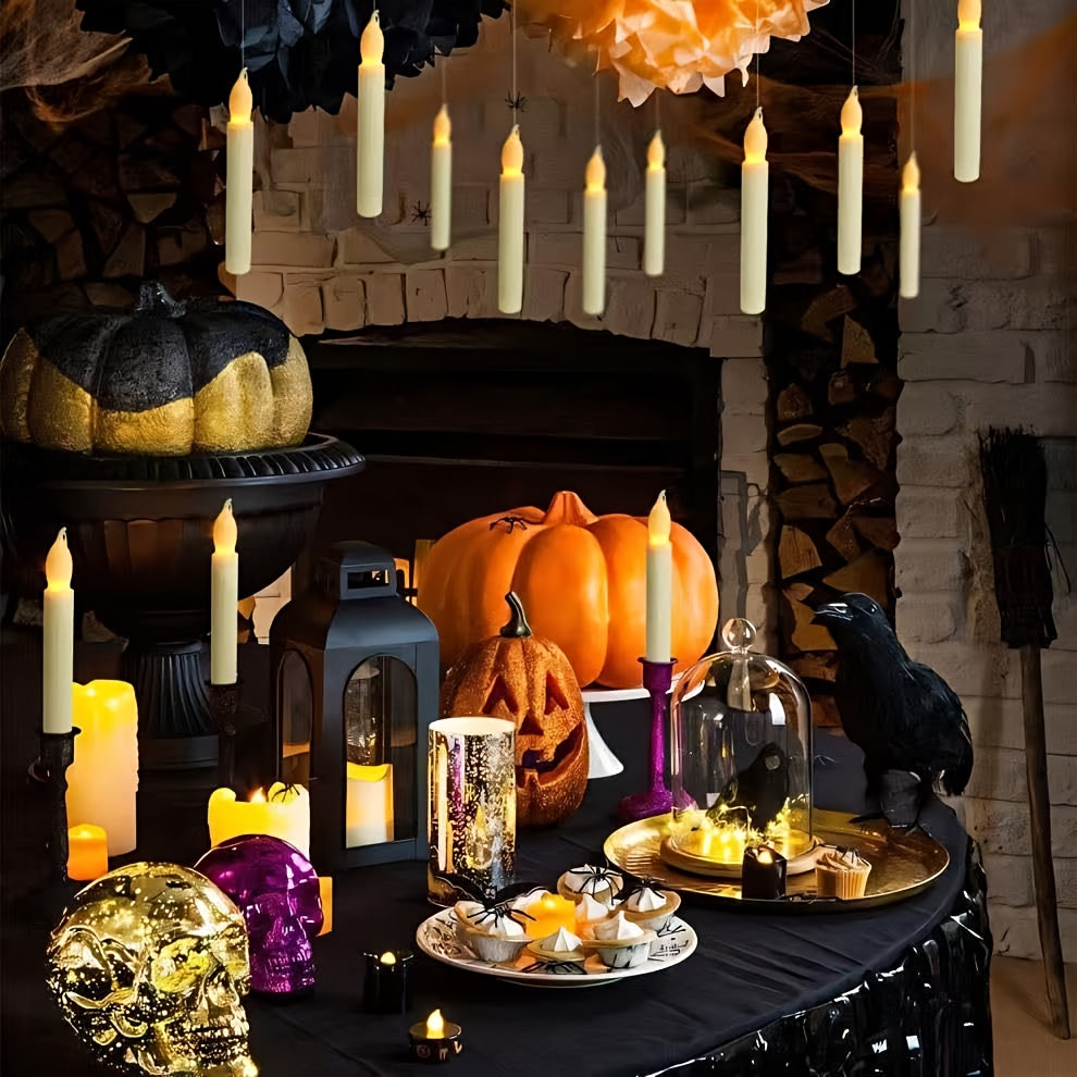 Hanging LED candles above a dining table