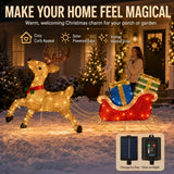 Lighted Sleigh and Reindeer Christmas Decoration, Warm White LED, Solar & USB, Outdoor Decor