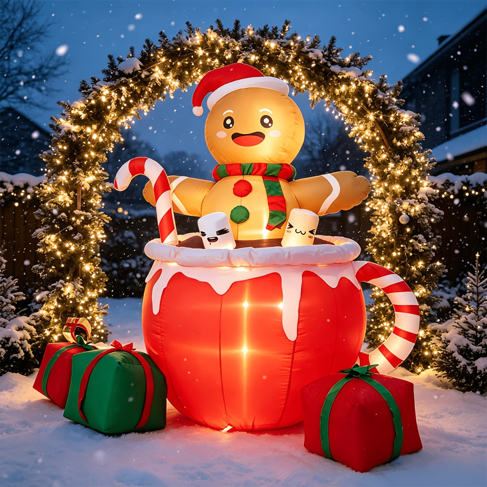 Christmas Yard Inflatable Decorations, 6ft LED Blow Up Gingerbread Man in Hot Chocolate Cup