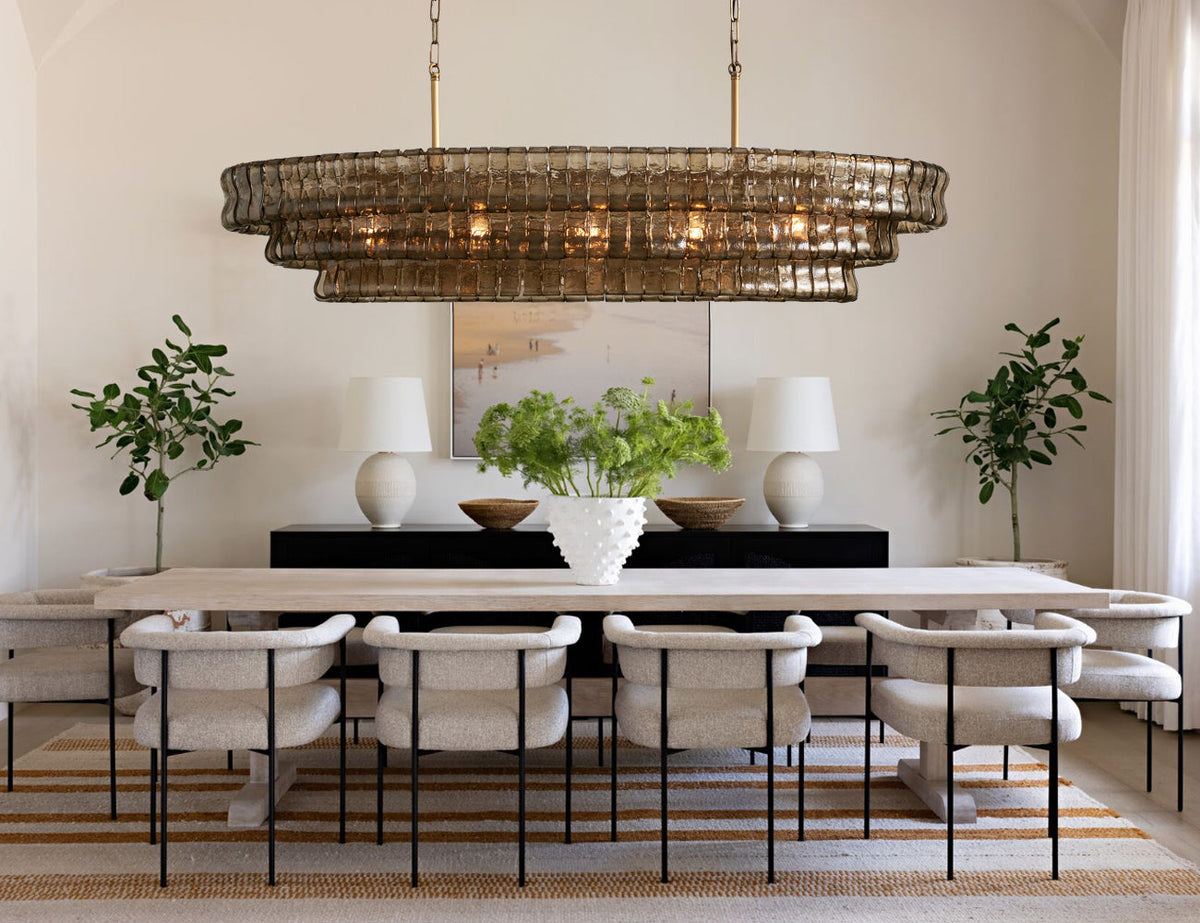 Vidra Oval Chandelier for Dining Room, Curved Glass & Steel, 54 or 65 Inch, Hardwired
