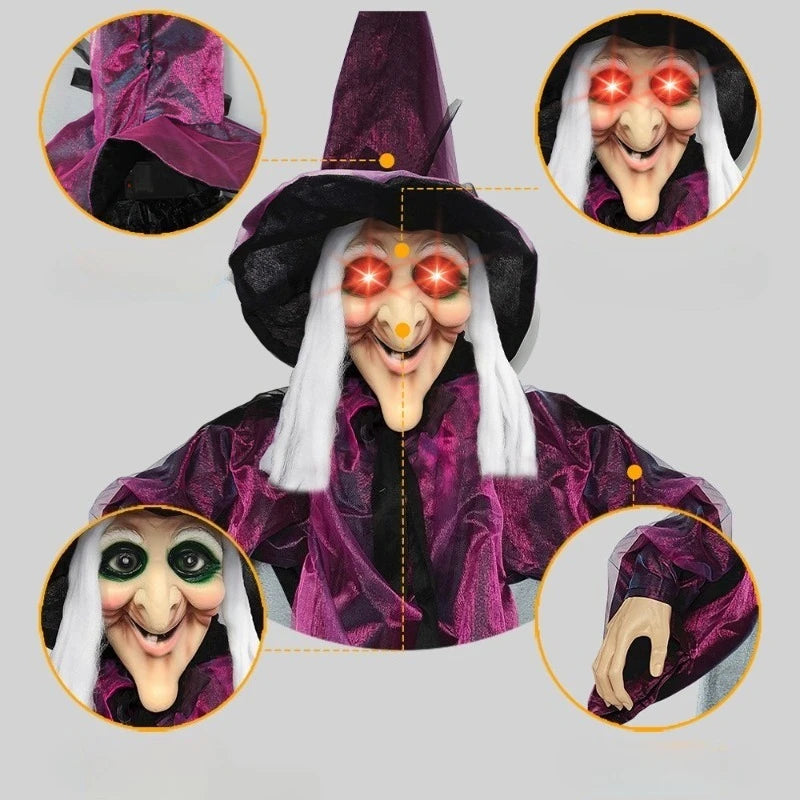 Life size animated Halloween witch with glowing red eyes