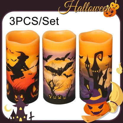Halloween flameless candles displayed on a table