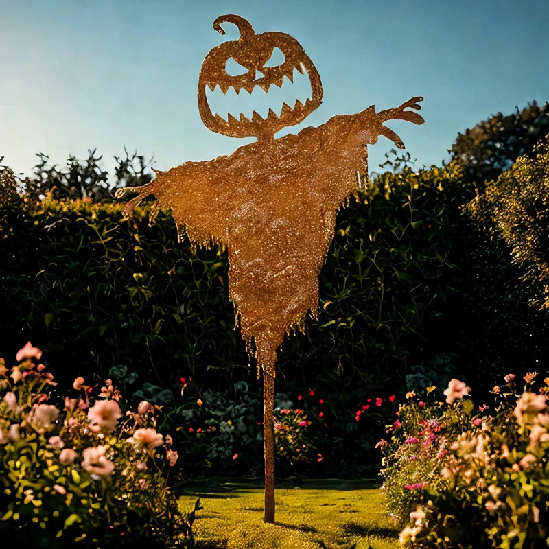 Rustic iron pumpkin scarecrow decoration with a jagged grin