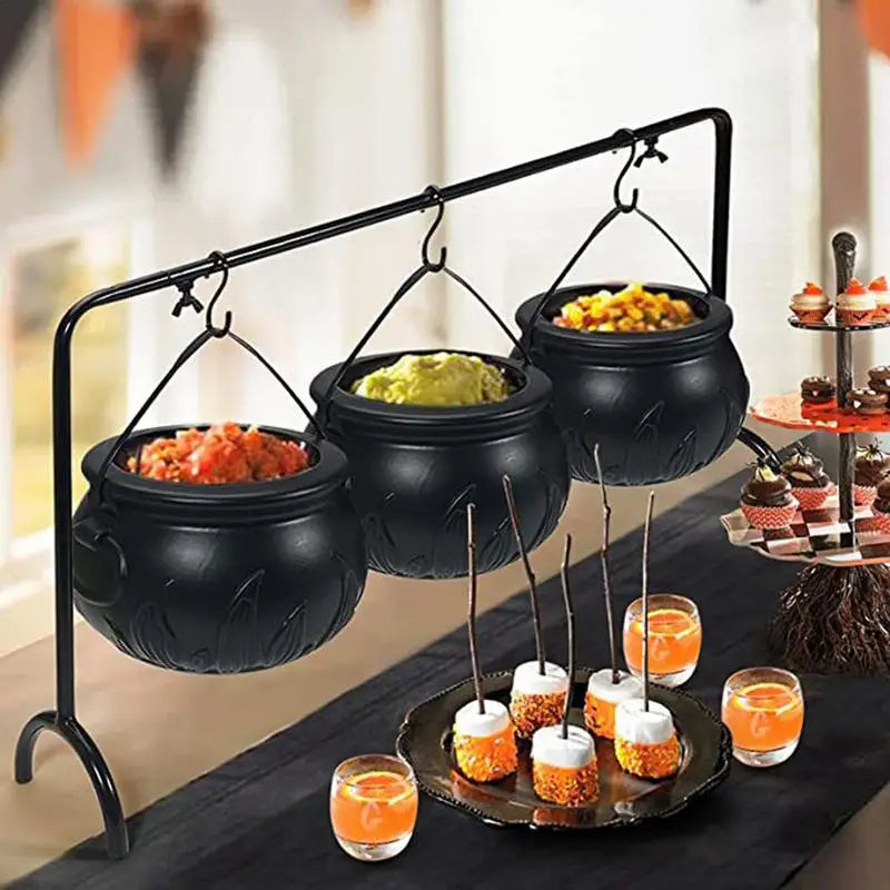 Witch cauldron candy bowl set with three mini cauldrons on iron rack