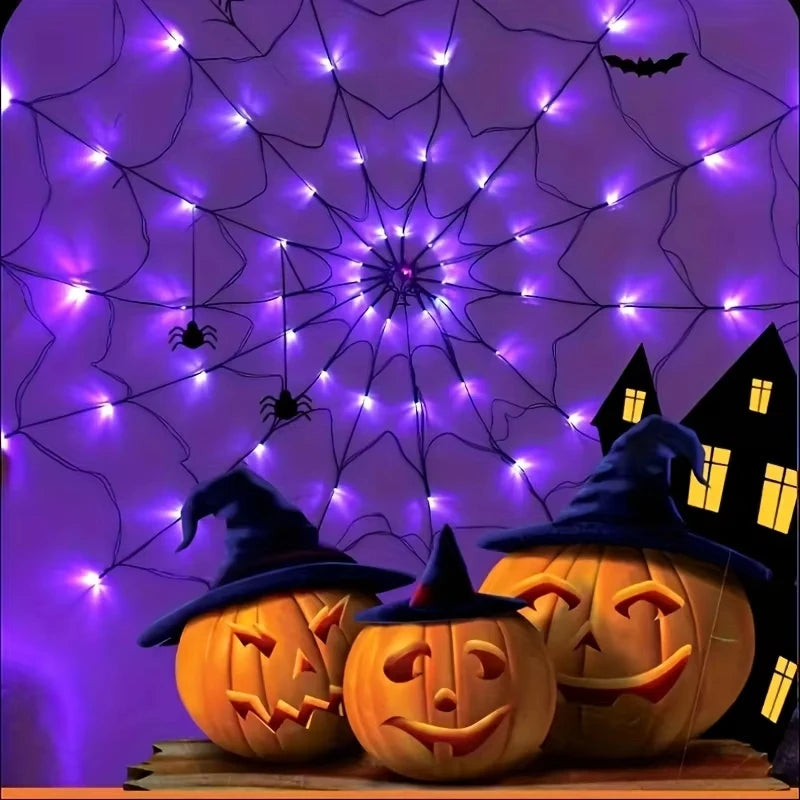 LED Halloween spider web decoration glowing on a wall