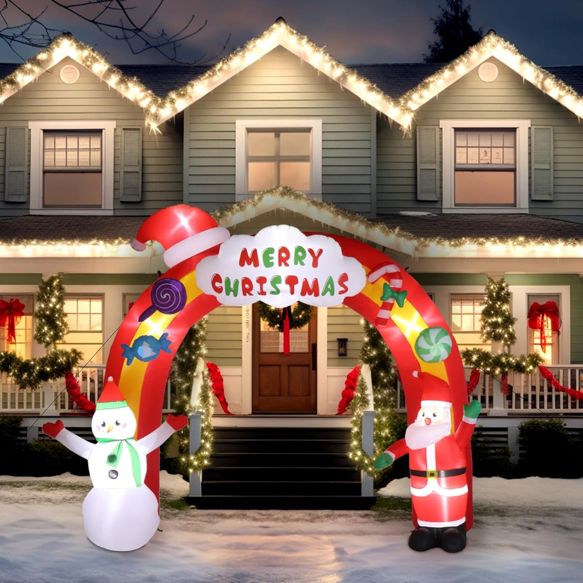 Christmas inflatable arch secured with ground stakes