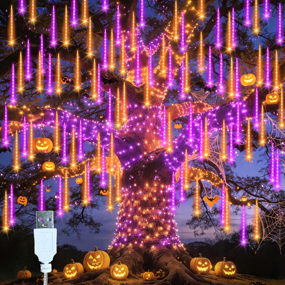 Purple-orange icicle string lights hanging in a waterfall pattern