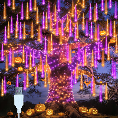 Purple-orange icicle string lights hanging in a waterfall pattern