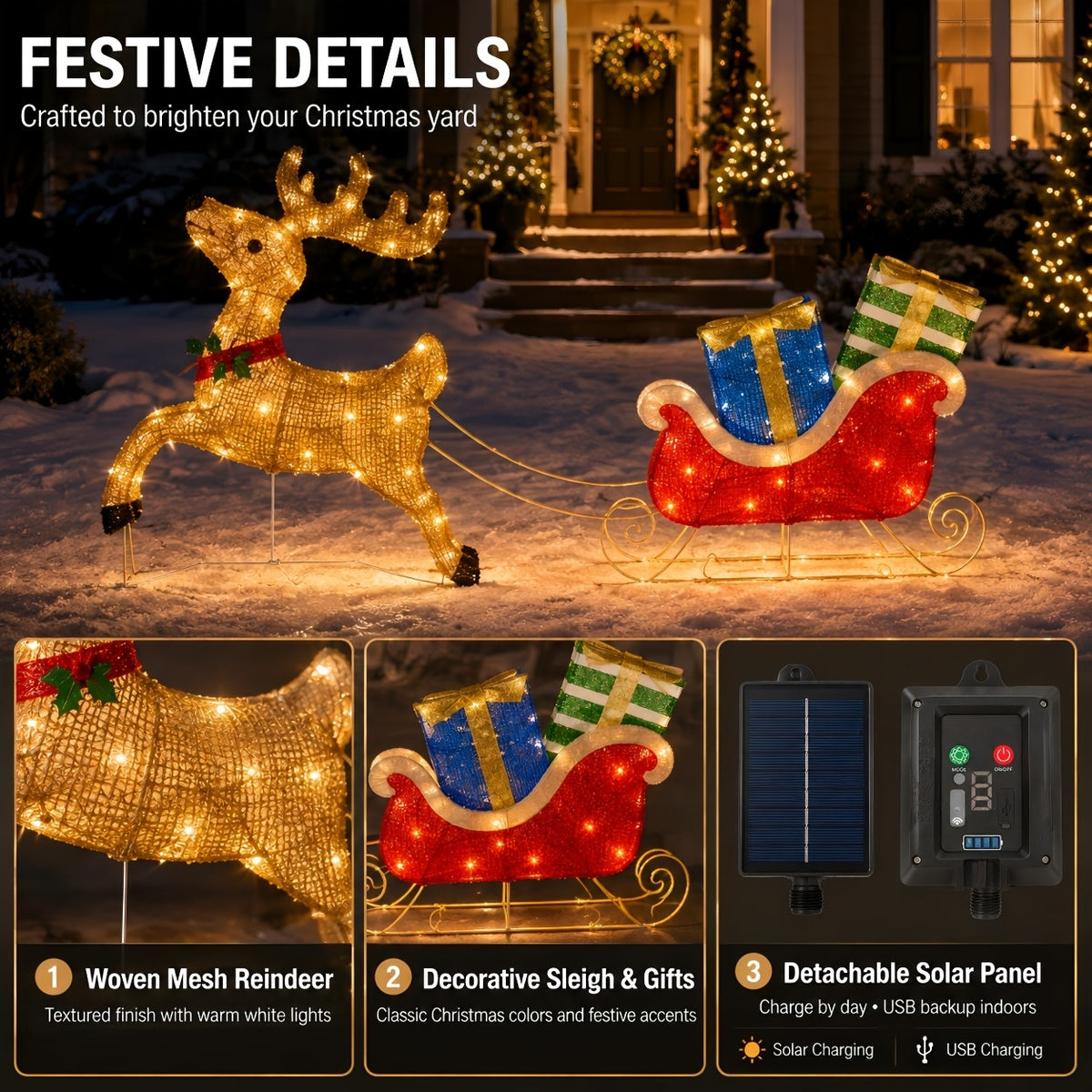 Lighted Sleigh and Reindeer Christmas Decoration, Warm White LED, Solar & USB, Outdoor Decor