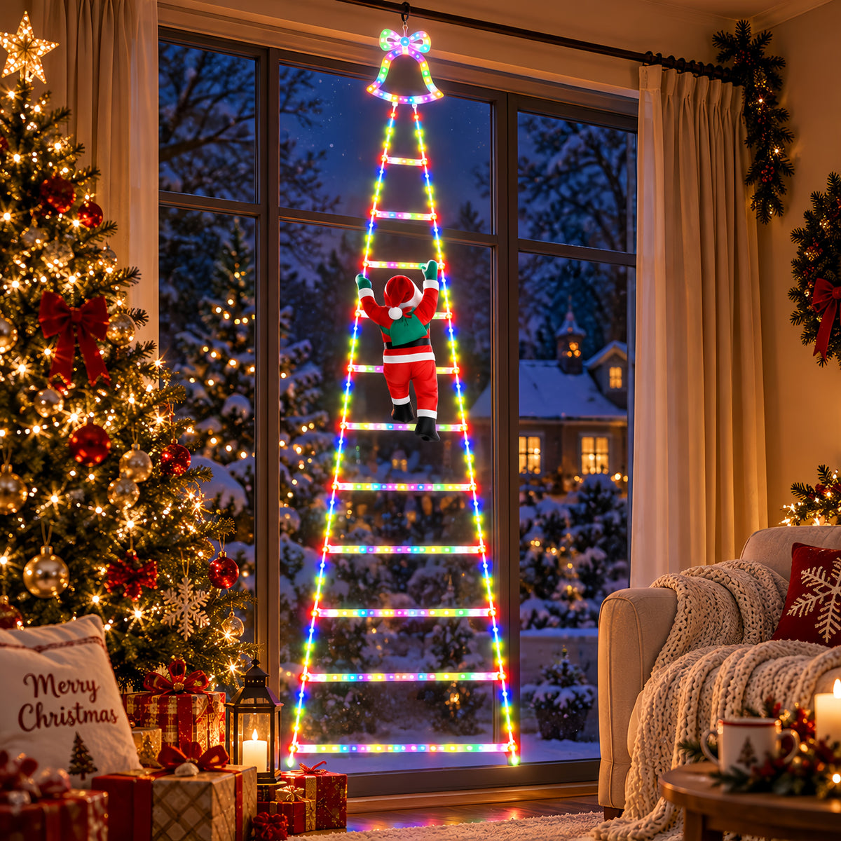 Outdoor Christmas Decorations, Climbing Santa Ladder Lights, 255 LED, Dimmable, USB Charging