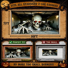 Close view of the printed skeleton hand and skull breaking through the garage door scene