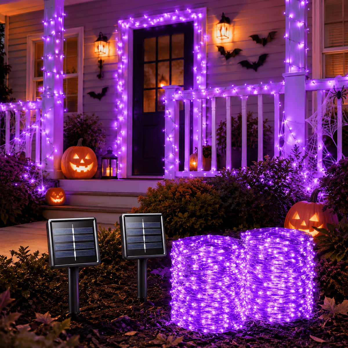 Solar fairy lights wrapped around a tree trunk outdoors