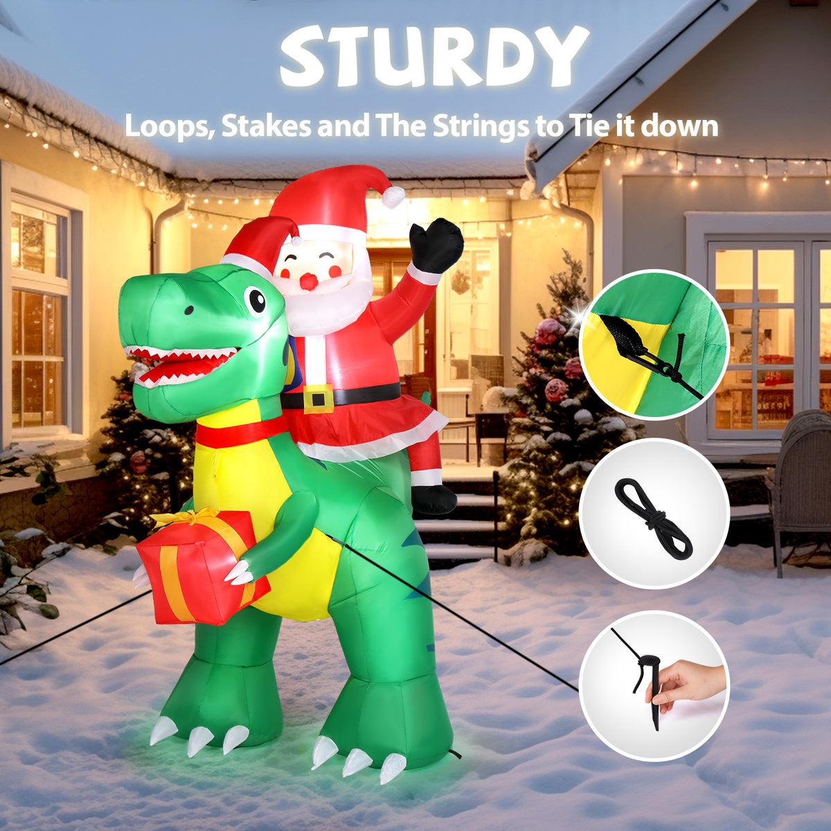 Christmas Inflatable Yard Decorations, Santa Riding Dinosaur, Snowman, Stakes & Storage Bag