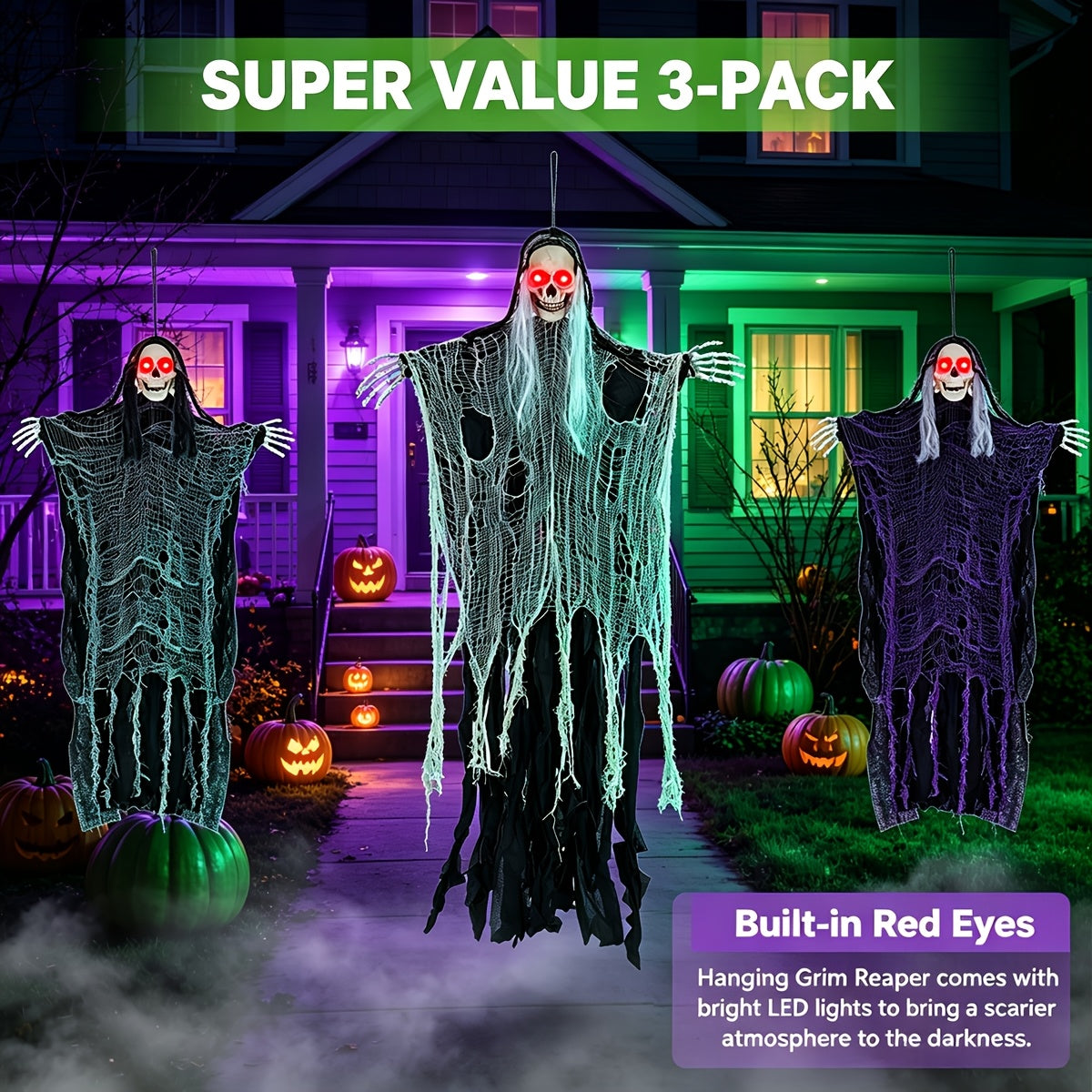Three hooded reaper figures hanging as a group with skeletal faces