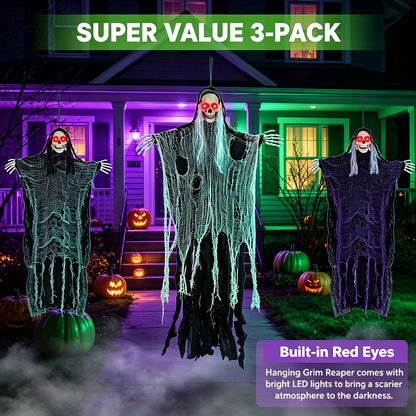 Three hooded reaper figures hanging as a group with skeletal faces